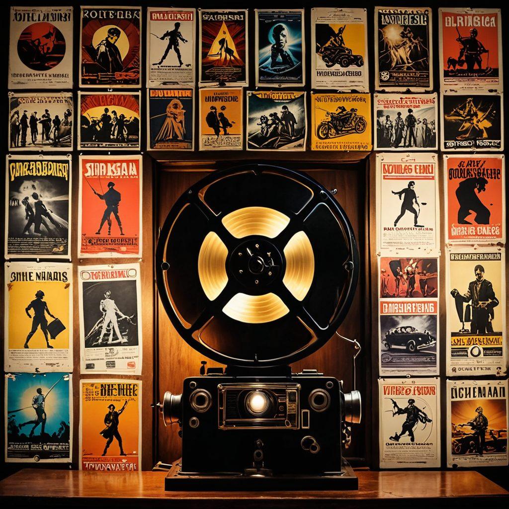 A vintage film reel unraveling to reveal iconic movie posters from various eras, interspersed with artifacts like an old projector and a vintage camera. The background features a mystical vault door slightly ajar, suggesting treasures of film history inside. Add glowing light beams illuminating the posters, evoking a sense of discovery and nostalgia. super-realistic. warm tones. cinematic atmosphere.