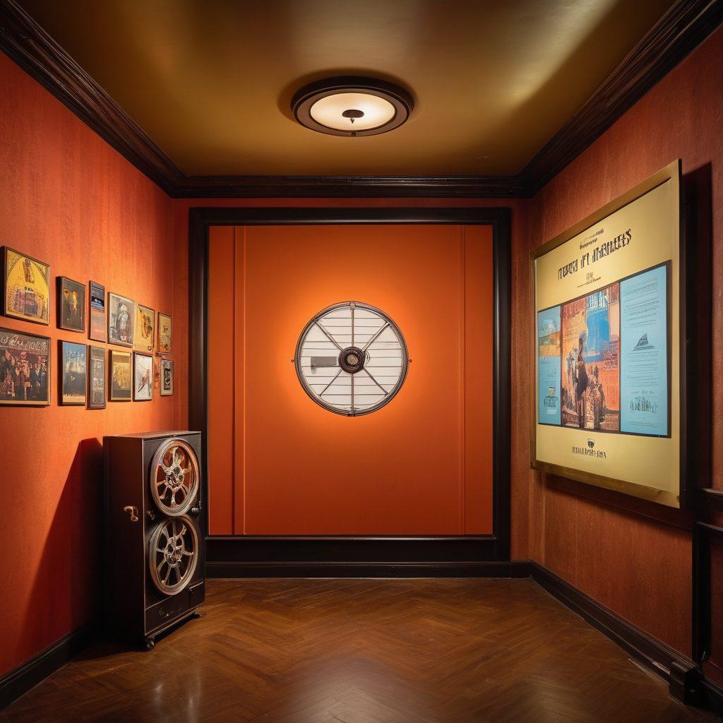 A mesmerizing vault door slightly ajar, with beams of light spilling out, illuminating iconic classic film posters and silver screens. Surrounding the vault are vintage film reels, director's chairs, and a soft glow of a projector in the background. The scene conveys nostalgia and the magic of cinema, inviting viewers into a world of classic films and trends. rich colors, cinematic style, warm lighting.