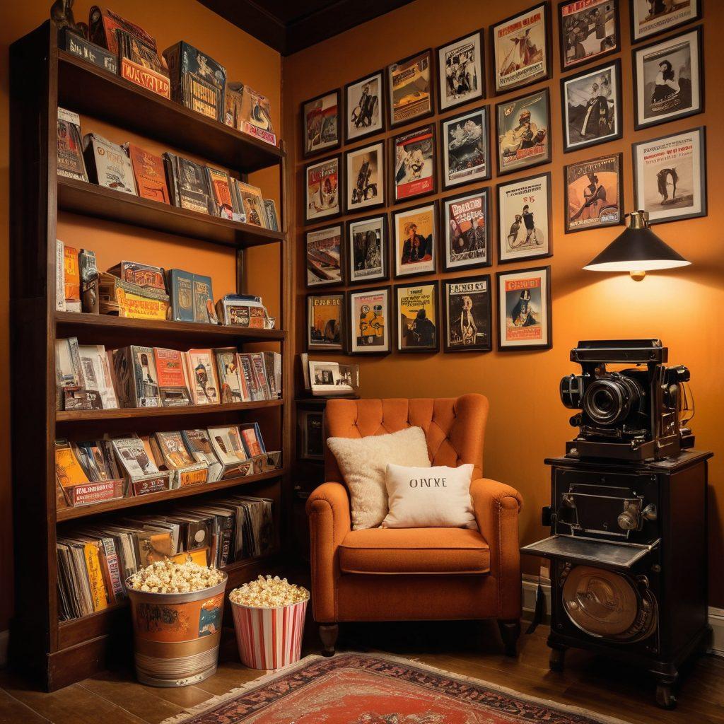 An enchanting film archive room filled with vintage movie posters, classic film reels, and neatly organized shelves packed with diverse film collections. A cozy reading nook with a plush chair, soft lighting, and a film projector casting a warm glow, setting a nostalgic atmosphere. Include elements like popcorn, a vintage camera, and a film clapboard, evoking the joy of movie collecting. super-realistic. warm colors. soft focus.
